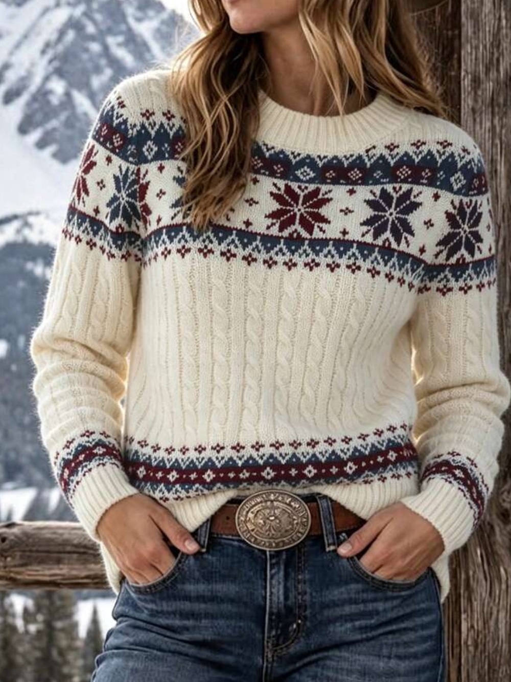 Cozy Fair Isle Cable Knit Sweater - Cream with Navy & Burgundy Accents